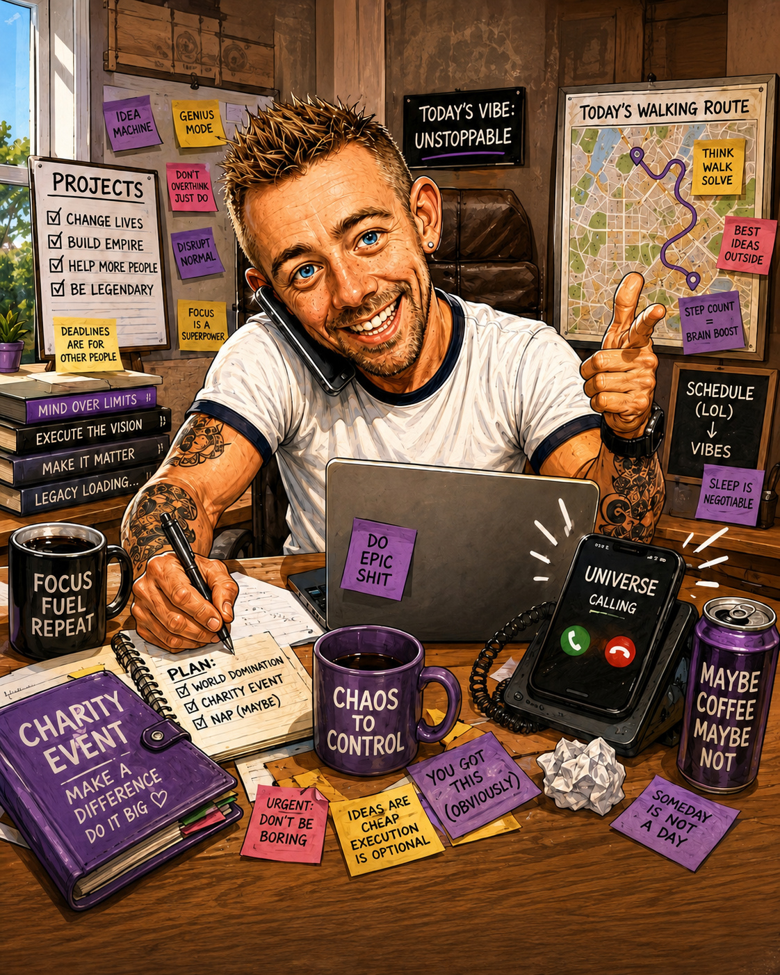 Caricature of Christopher Piper working at a busy desk surrounded by ideas and Chaos to Control notes