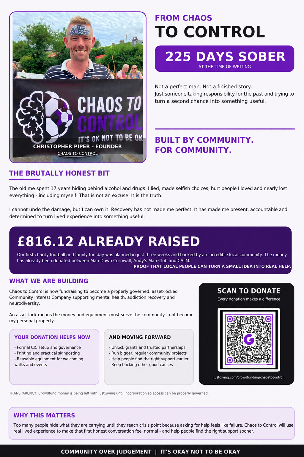 Chaos to Control fundraising poster featuring founder Christopher Piper
